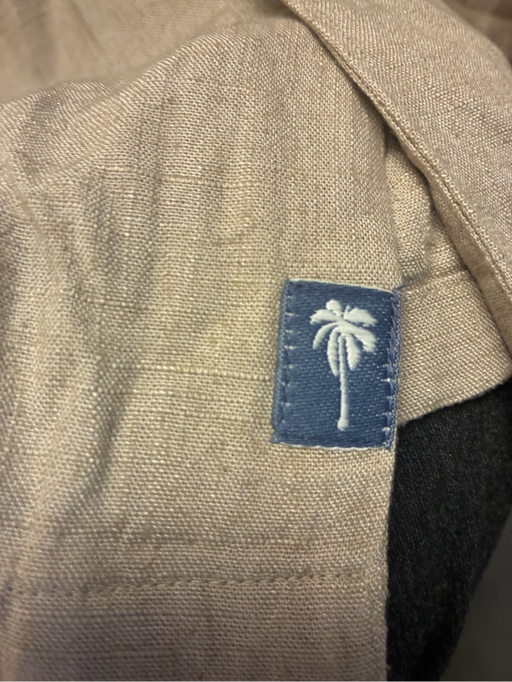 Free Planet Men's Button-Down Shirt in Light Tan with Navy Palm Logo Medium
